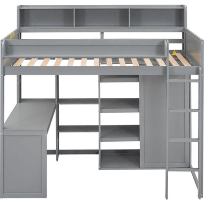 Wood Twin Size Loft bed with Multiple Storage Shelves and Wardrobe, Gray