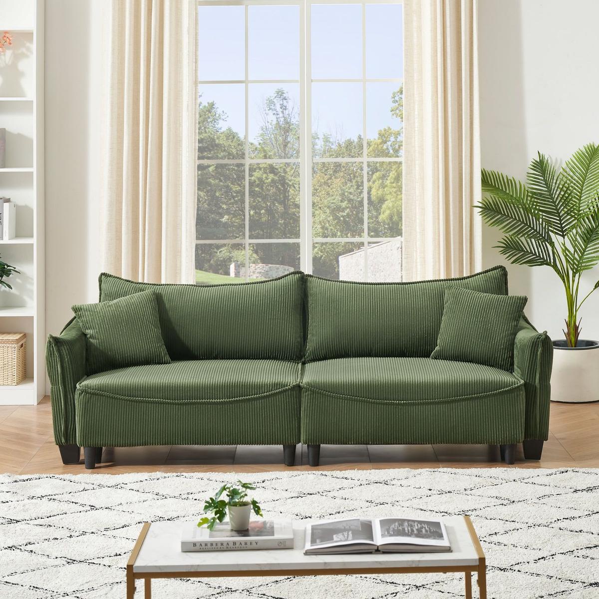 green corduroy fabric, sofa can be converted into a sofa bed with two throw pillows, suitable for living room and other scenes