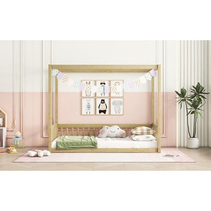 Twin Size Canopy Frame Floor Bed with Fence, Guardrails,Natural