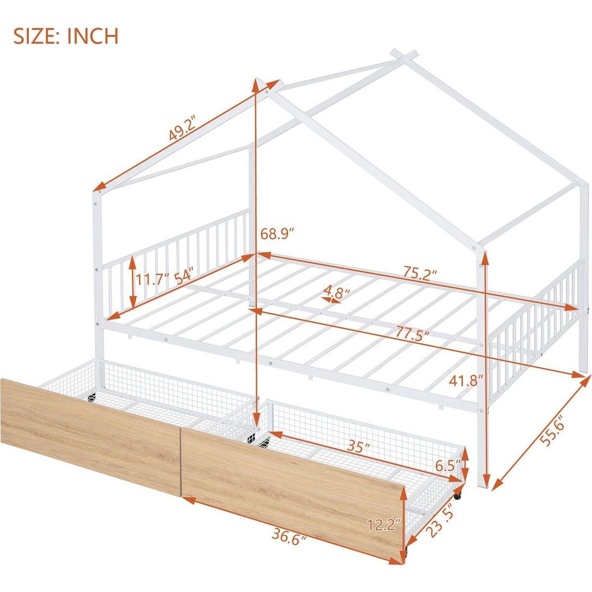 Full Size Metal House Bed with Two Drawers, White