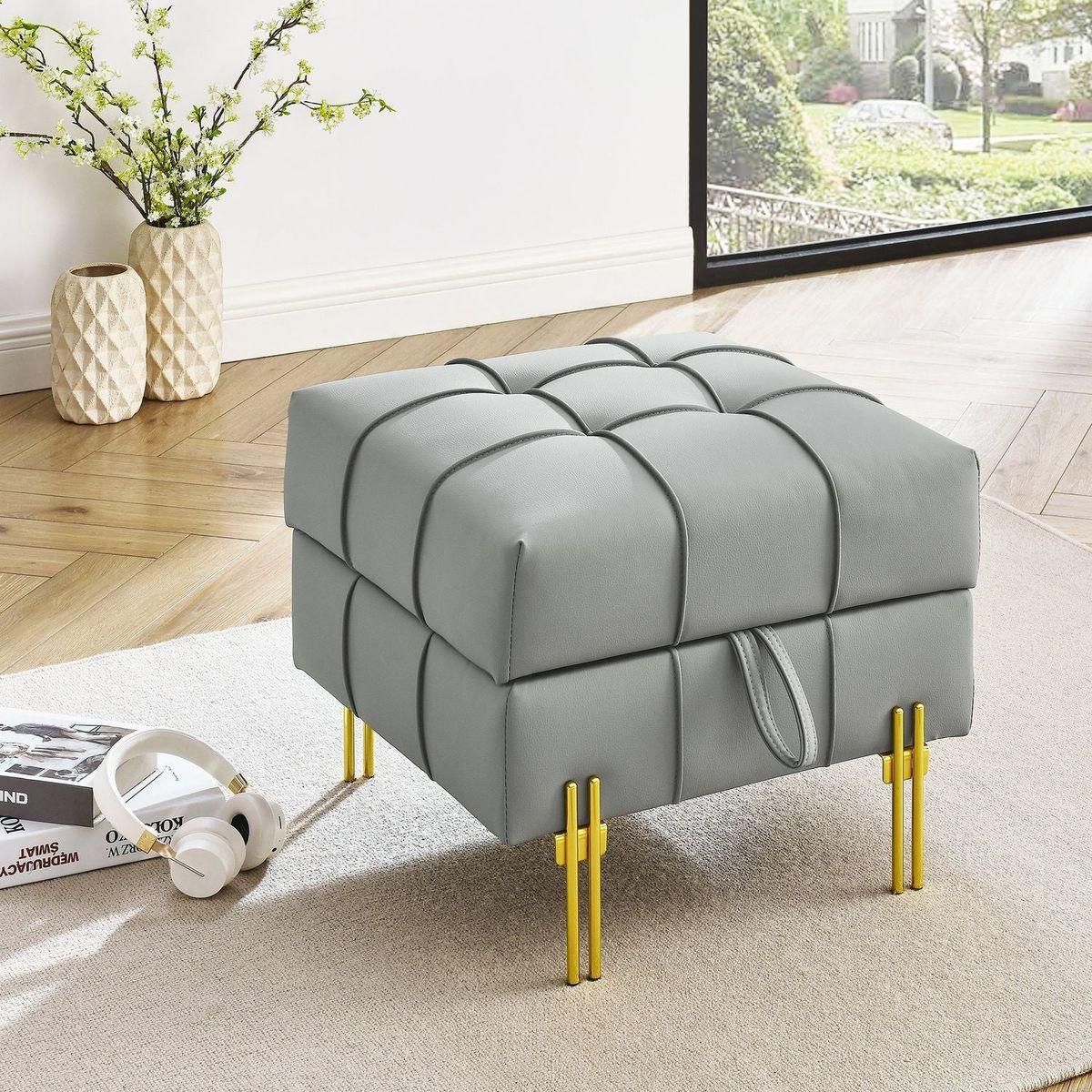 22 inches Anti-scratch Leather Storage Ottoman, Pet Friendly Entryway Bench with Golden Stainless Steel Legs, Gray