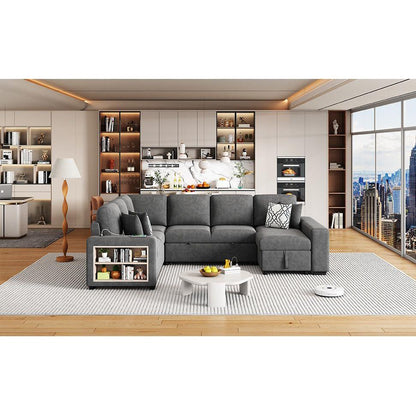 109" U-shaped Sectional Sofa Pull-out Sofa Bed with Two USB Ports, a Storage Chaise Lounge and Four Back Pillows for Living Room, Grey