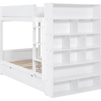 Twin over Twin Bunk Bed With 2 Drawers and Multi-layer Cabinet, White