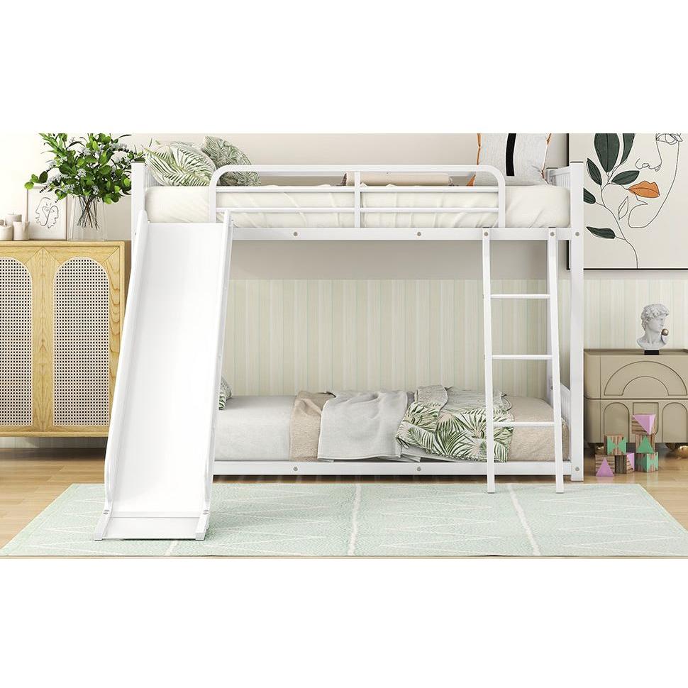 Metal Bunk Bed with Slide, Twin over Twin, White