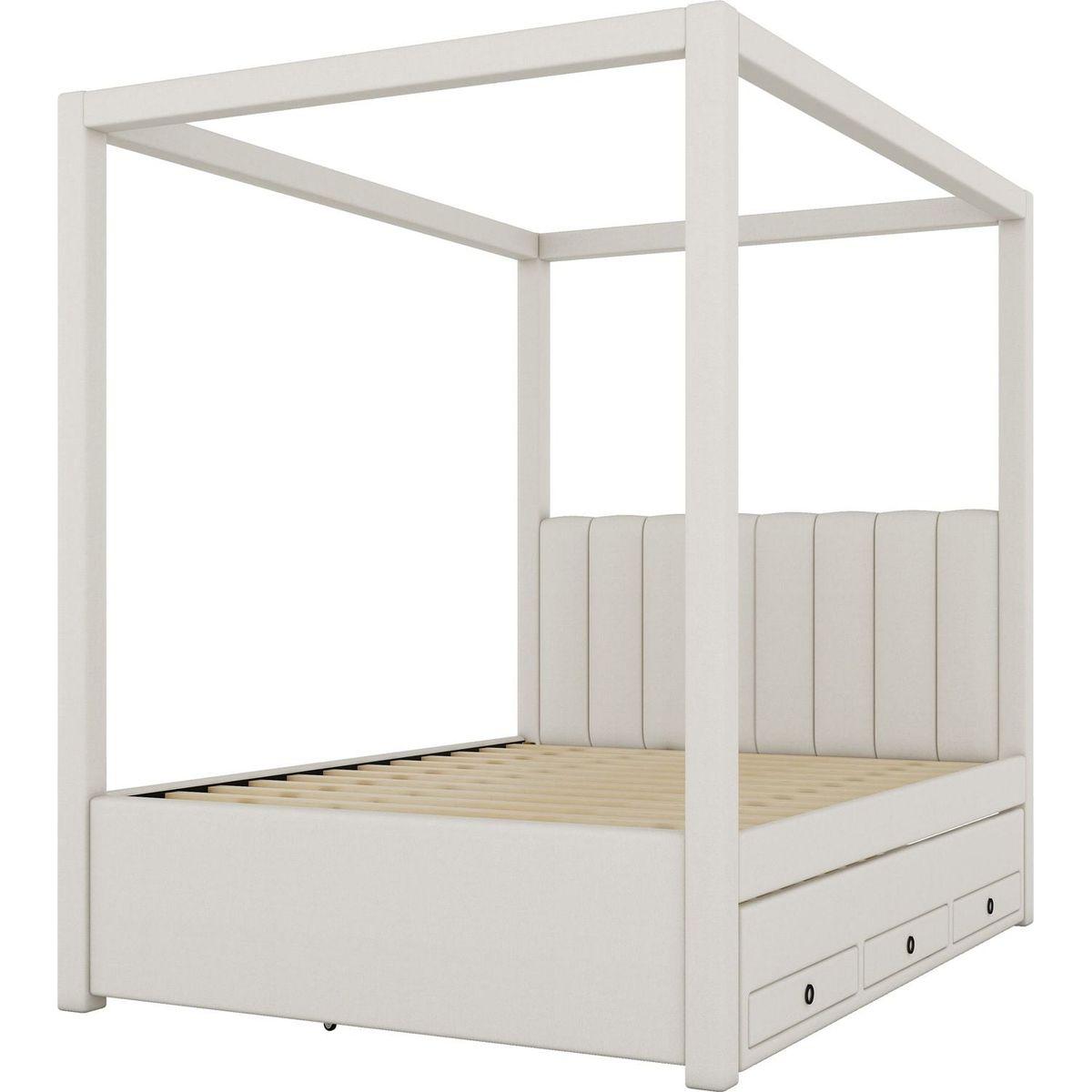 Full Size Upholstery Canopy Platform Bed with Trundle and Three Storage Drawers, Beige - Streamdale Furniture