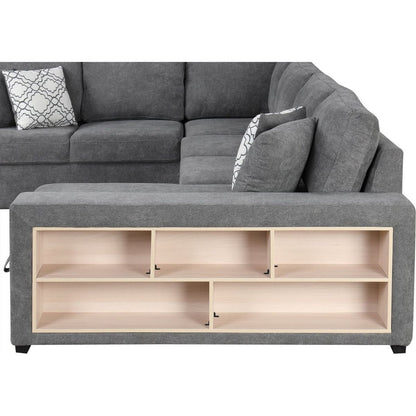 109" U-shaped Sectional Sofa Pull-out Sofa Bed with Two USB Ports, a Storage Chaise Lounge and Four Back Pillows for Living Room, Grey