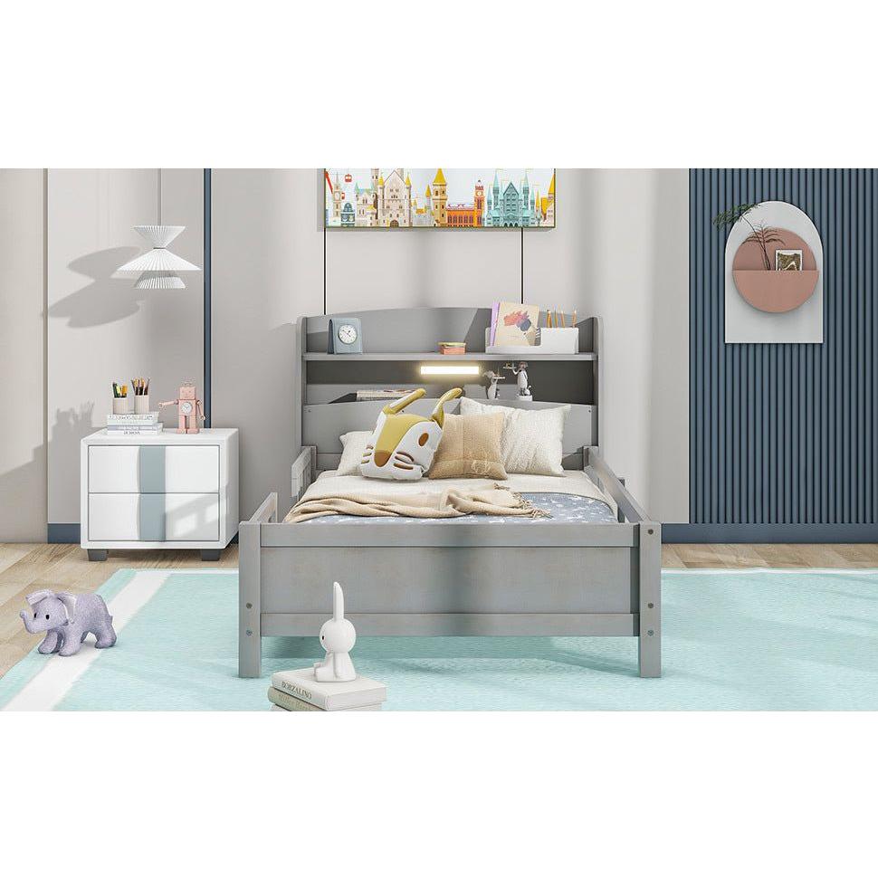 Wood Twin Size Platform Bed with Built-in LED Light, Storage Headboard and Guardrail, Antique Grey