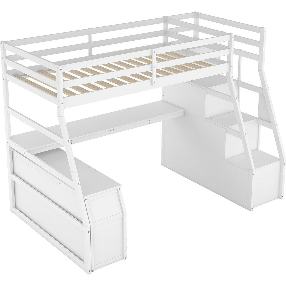 Twin Size Loft Bed with 7 Drawers 2 Shelves and Desk - White