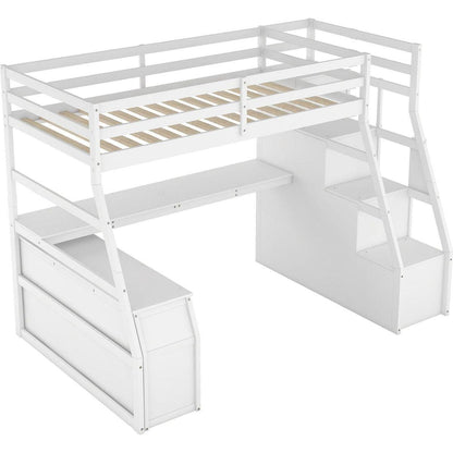 Twin Size Loft Bed with 7 Drawers 2 Shelves and Desk - White