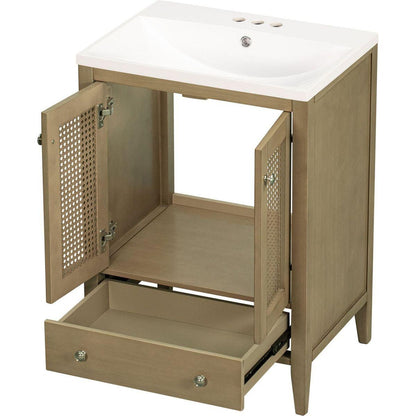 24" Bathroom Vanity with Ceramic Basin, Rattan Bathroom Storage Cabinet with Two Doors and Drawer, Solid Frame, Natural