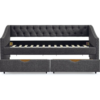Twin Size Daybed with Drawers Upholstered Tufted Sofa Bed, with Button on Back and Copper Nail on Waved Shape Arms(81.5"x4"x30.5")