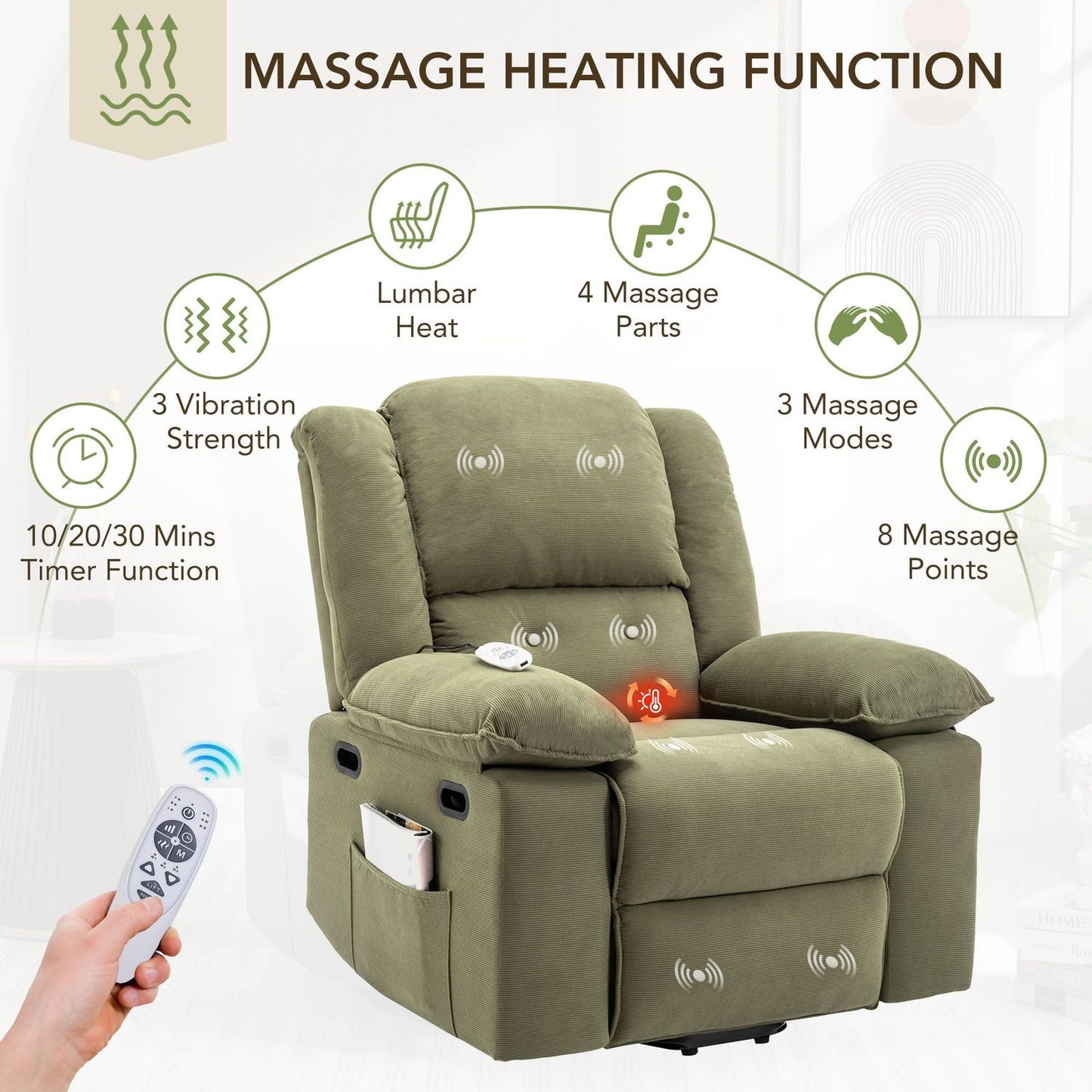 Massage Recliner,Power Lift Chair for Elderly with Adjustable Massage and Heating Function,Recliner Chair with Infinite Position and Side Pocket for Living Room, Green