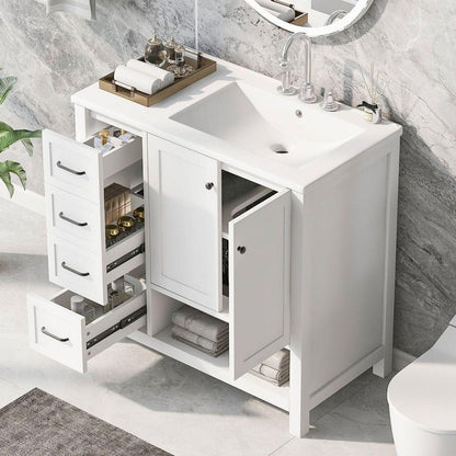 36" Bathroom Vanity with Sink Top, Bathroom Vanity Cabinet with Two Doors and Two Drawers, Solid Wood, Open shelf, MDF Boards, One Package, White