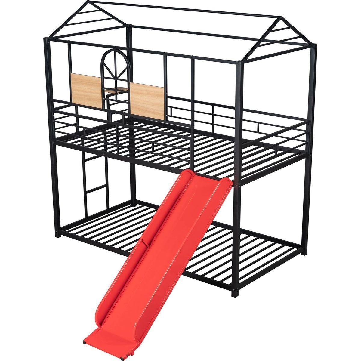 Twin Over Twin Metal Bunk Bed, Metal Housebed With Slide,Three Colors Available.(Black with Red Slide)