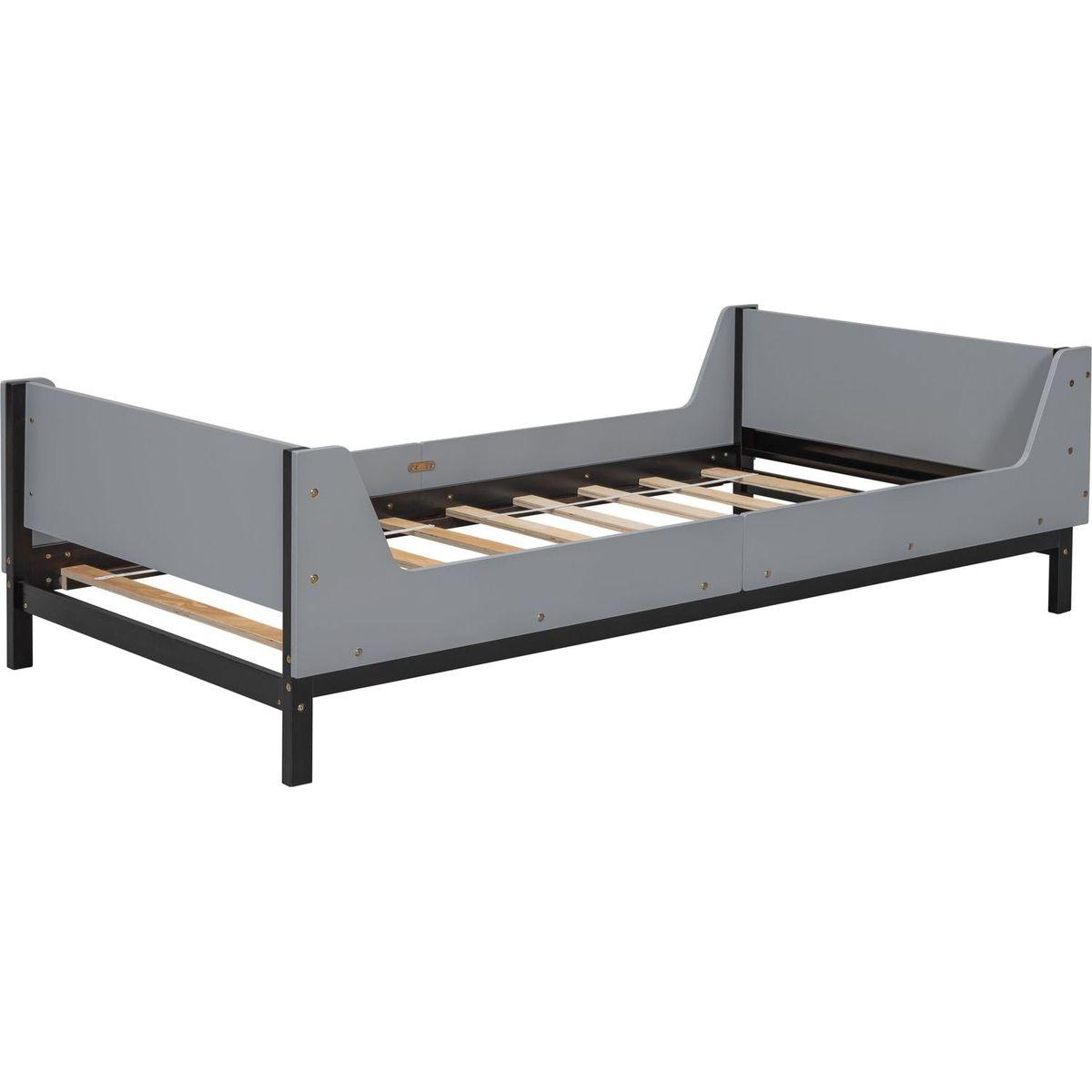 Twin Bed with Headboard, Footboard, Safeguards, Built-in Bed-end Book Storage Rack, Grey