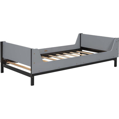 Twin Bed with Headboard, Footboard, Safeguards, Built-in Bed-end Book Storage Rack, Grey