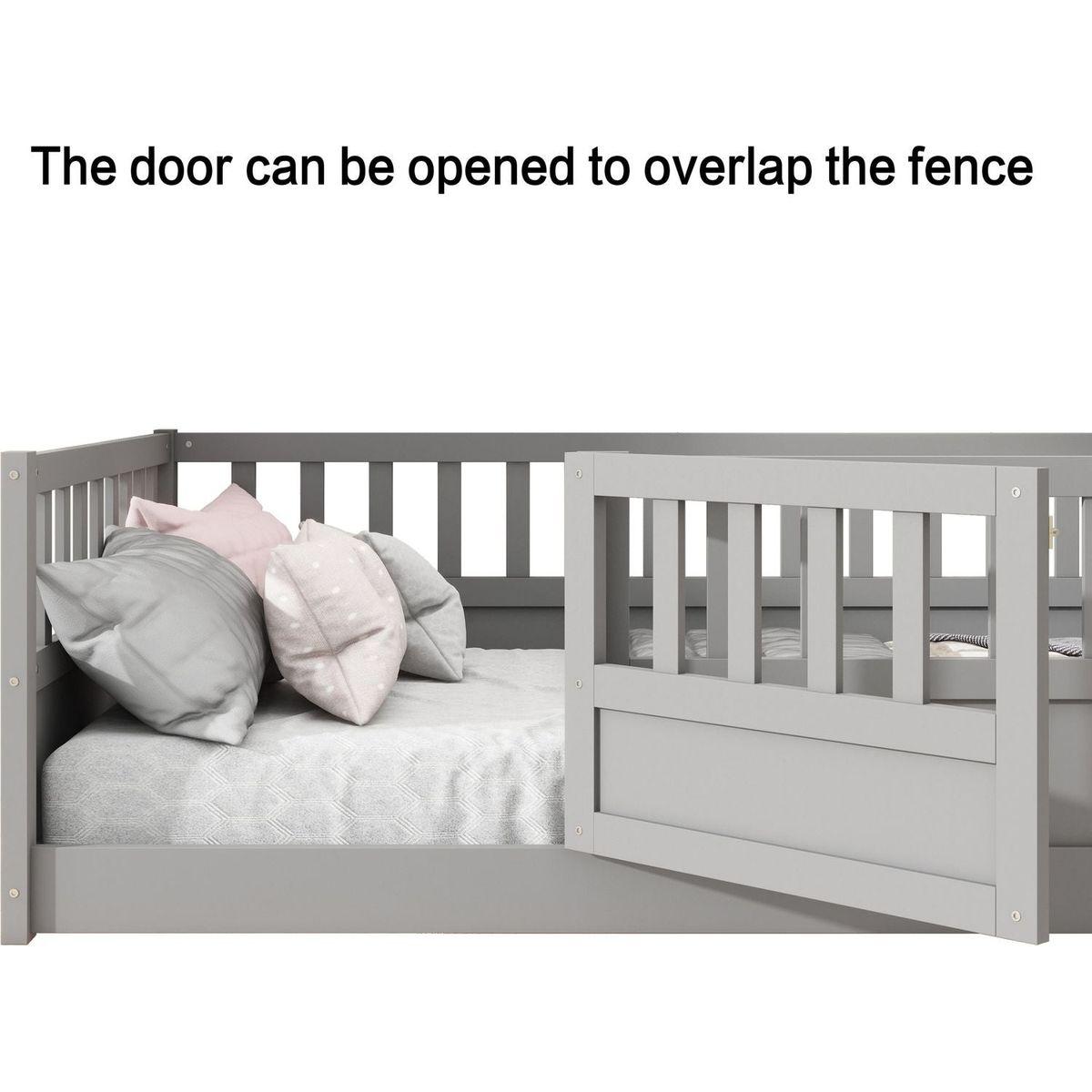 Full size Floor bed, integral construction with super high security barrier, door, children's floor bed frame, Montessori wooden children's floor bed, Support slat Grey