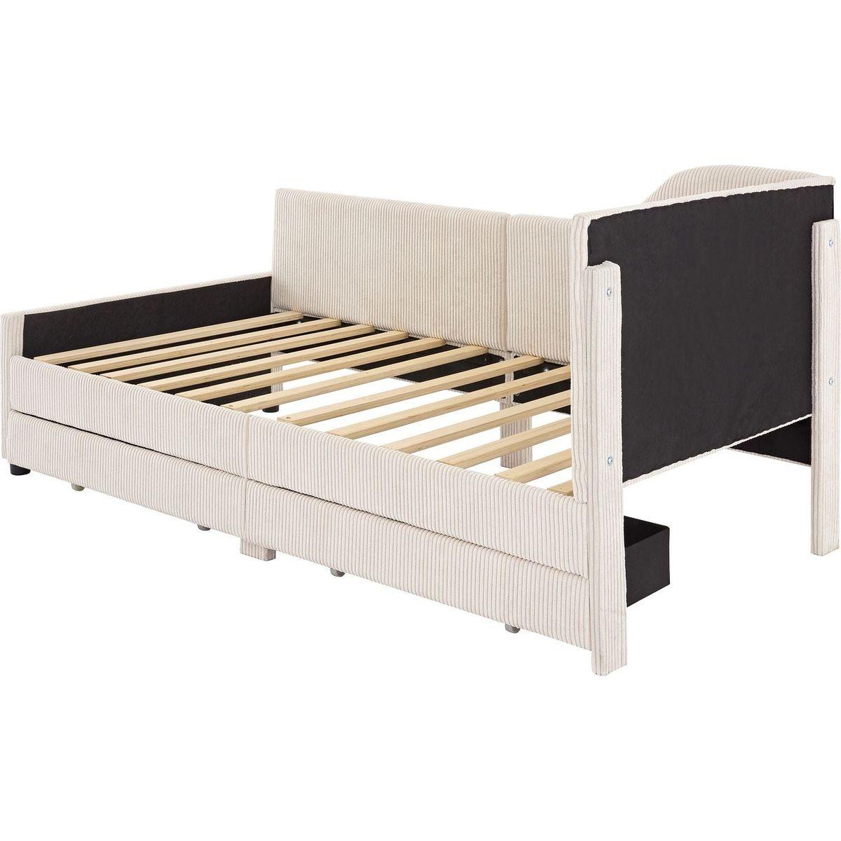 Twin Size L-Shaped Corduroy Daybed,Upholstered Bed Frame with 2 Storage Drawers, Beige