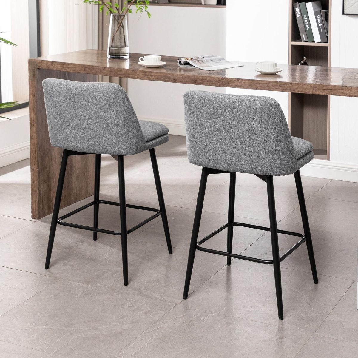 Counter Height Swivel Bar Stools Set of 2, 360 Swivel Upholstered Barstools with Back and Metal Legs, 25.6" Seat Height,Counter Stools for Kitchen Island and Pub,Linen Cloth,Grey