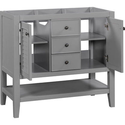 36" Bathroom Vanity without Sink, Cabinet Base Only, Two Cabinets and Drawers, Open Shelf, Solid Wood Frame, Grey