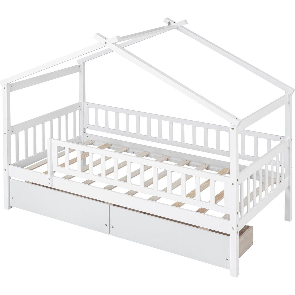 Twin Size Wooden House Bed with Two Drawers, White