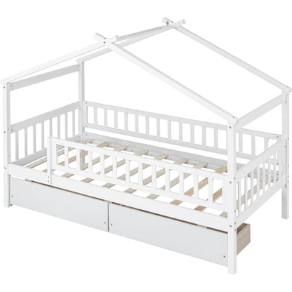 Twin Size Wooden House Bed with Two Drawers, White