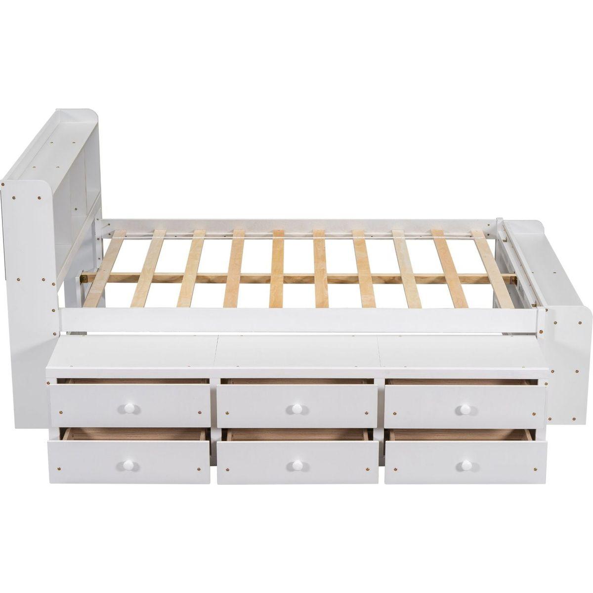 Full Bed with Bookcase Headboard, Under bed Storage Drawers and Bed End Storage Case,White
