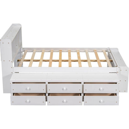 Full Bed with Bookcase Headboard, Under bed Storage Drawers and Bed End Storage Case,White