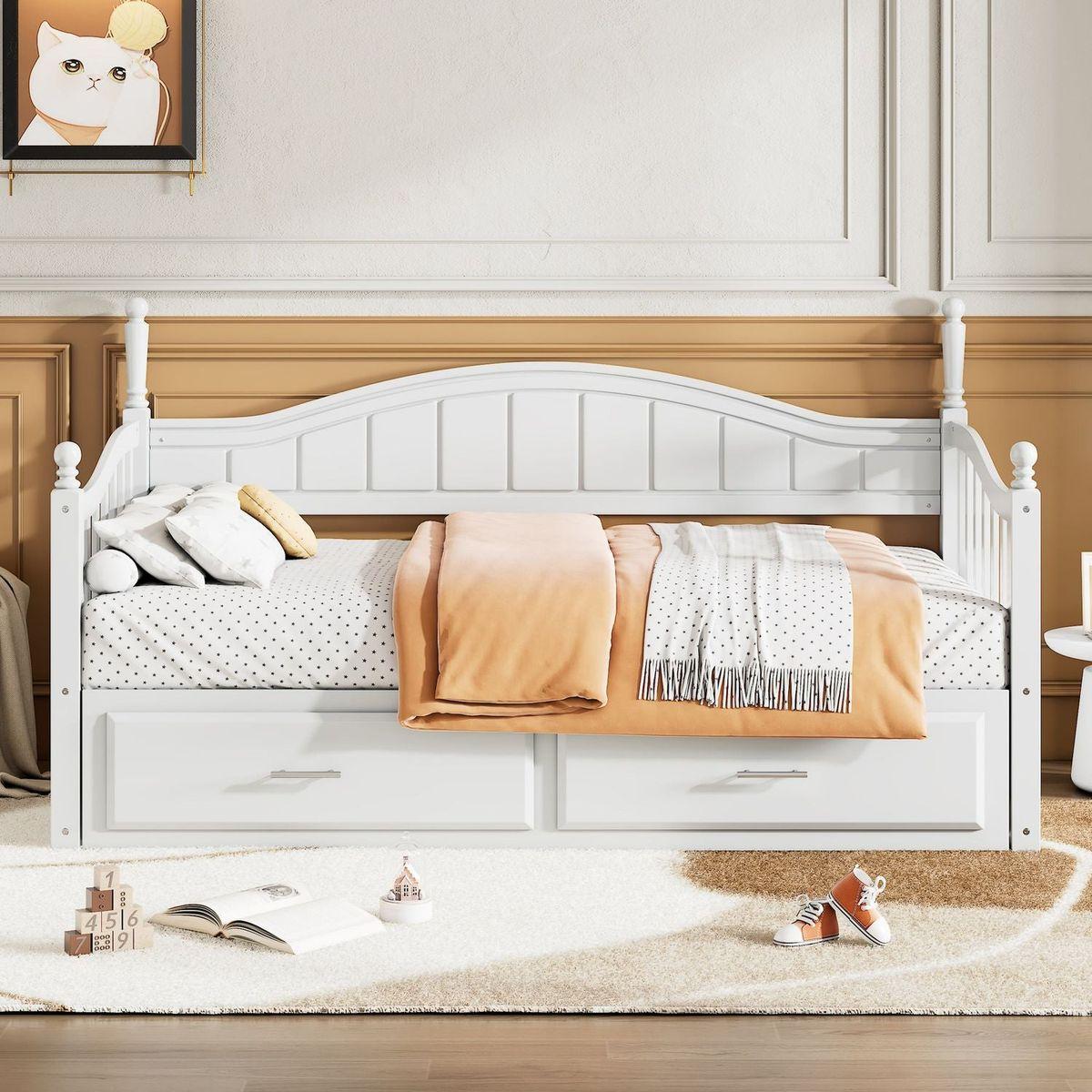Wooden Twin Size Daybed with Twin Size Trundle, Extendable Daybed with Two Storage Drawers,White