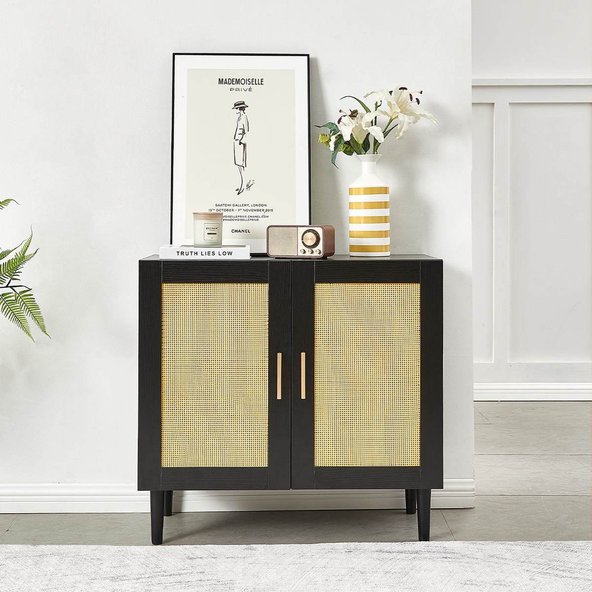 Side panel buffet cabinet with natural rattan door, rattan storage cabinet with adjustable shelves, side panel and buffet with storage space, modern console cabinet in bedroom and living room - Streamdale Furniture