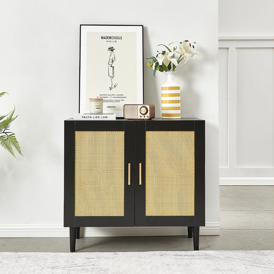 Side panel buffet cabinet with natural rattan door, rattan storage cabinet with adjustable shelves, side panel and buffet with storage space, modern console cabinet in bedroom and living room - Streamdale Furniture