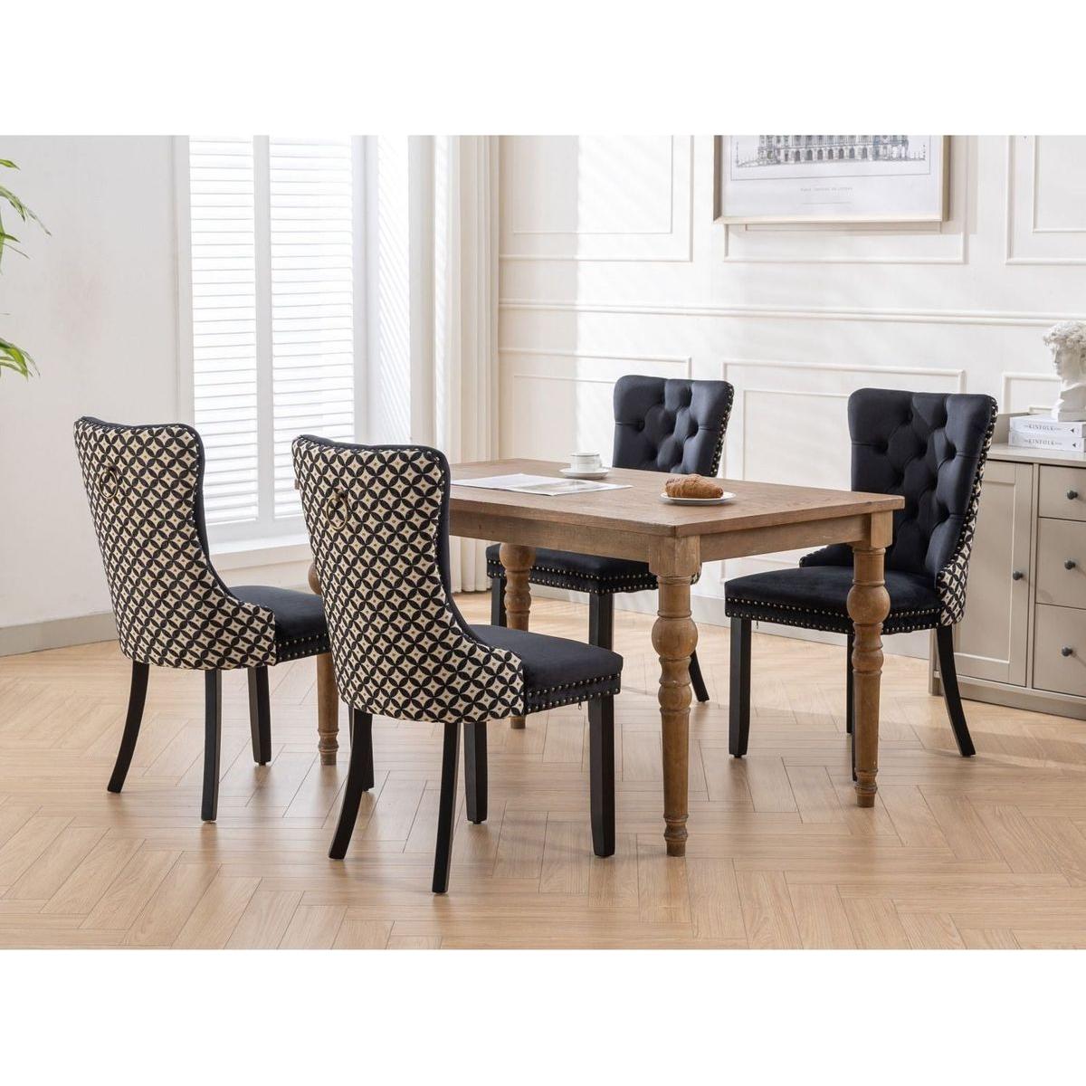 Classic Velvet Dining Chairs, High-end Tufted Solid Wood Contemporary Velvet Upholstered Dining Chair with Wood Legs Nailhead, SET OF 2,Black and Patterned