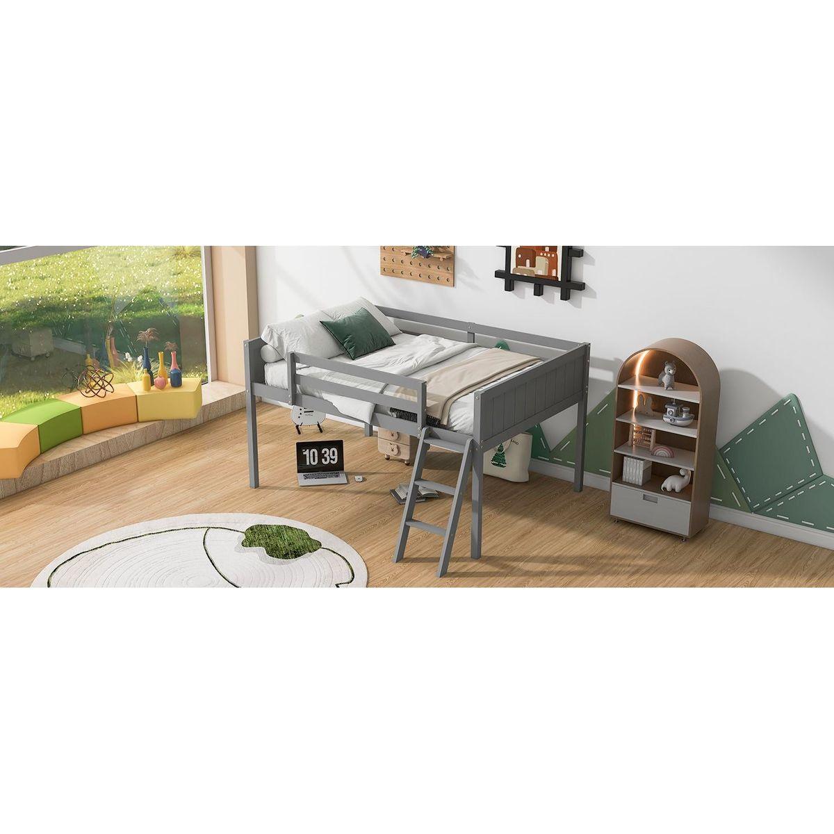 Full Size Wood Low Loft Bed with Ladder, ladder can be placed on the left or right, Gray