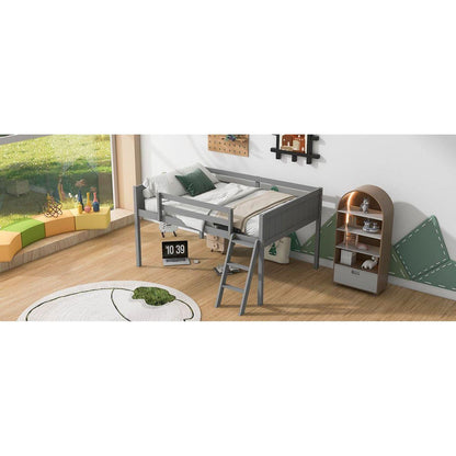 Full Size Wood Low Loft Bed with Ladder, ladder can be placed on the left or right, Gray