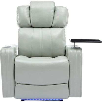 PU Leather Power Recliner Individual Seat Home Theater Recliner with Cooling Cup Holder, Bluetooth Speaker, LED Lights, USB Ports, Tray Table, Arm Storage for Living Room, Grey