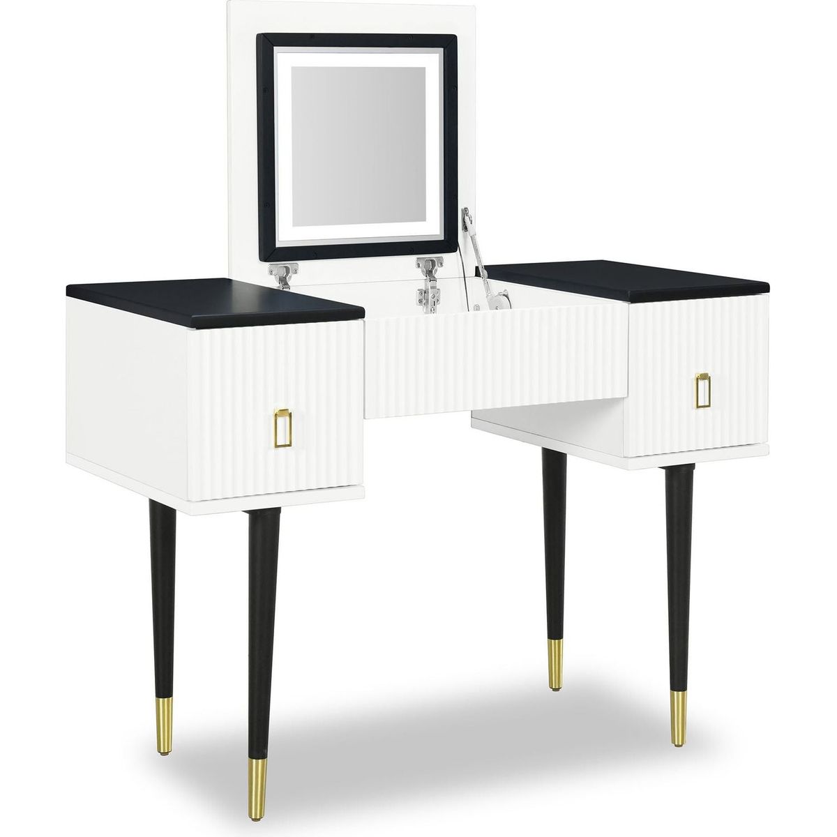 43.3" Modern Vanity Table Set with Flip-top Mirror and LED Light, Dressing Table with Customizable Storage, White and Black