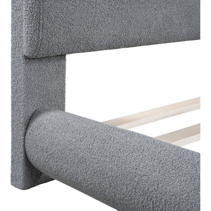 Teddy Fleece Queen Size Upholstered Platform Bed with Thick Fabric, Solid Frame and Stylish Curve-shaped Design, Gray