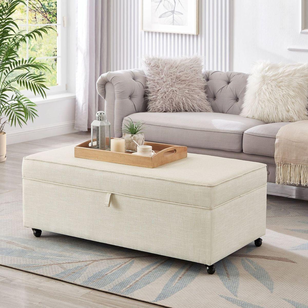 Modern Large Comfort Sofa Ottoman with Storage, Modular Sectional Storage Ottoman With Wheels For Living Room,Lounge Ottoman, Couch Storage Ottoman,Large Storage Ottoman Bench- Ivory
