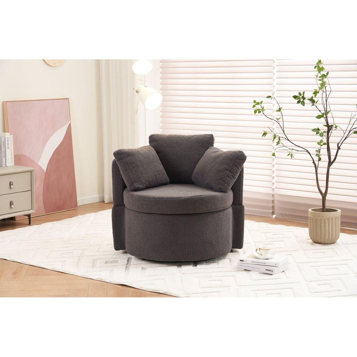 Teddy Fabric Swivel And Storage Chair With Back Cushion For Living Room,Dark Gray