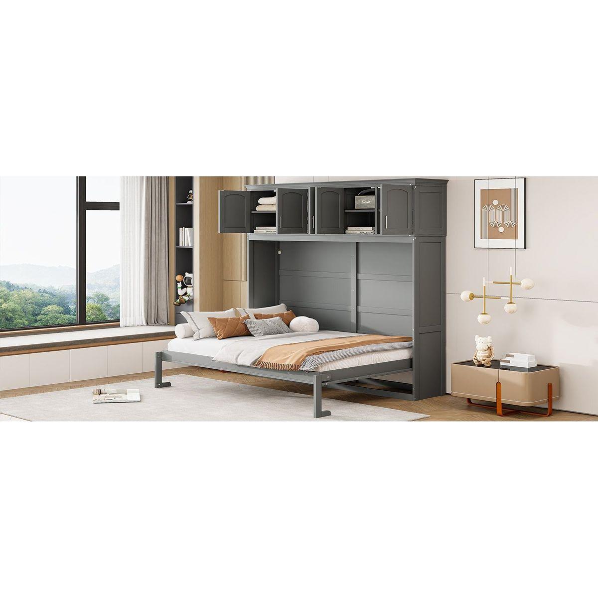 Full Size Murphy Bed Wall Bed with Top Cabinets,Gray