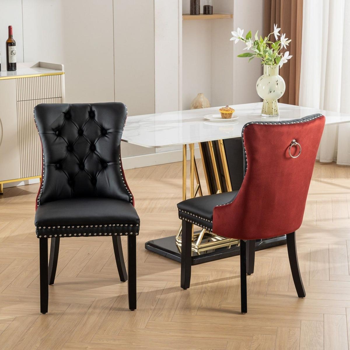 Nikki Collection Modern, High-end Tufted Solid Wood Contemporary PU and Velvet Upholstered Dining Chair with Wood Legs Nailhead Trim 2-Pcs Set, Black+WineRed, Burgundy