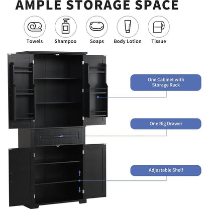 Bathroom Storage Cabinet with Doors and Drawer, Multiple Storage Space, Adjustable Shelf, Black