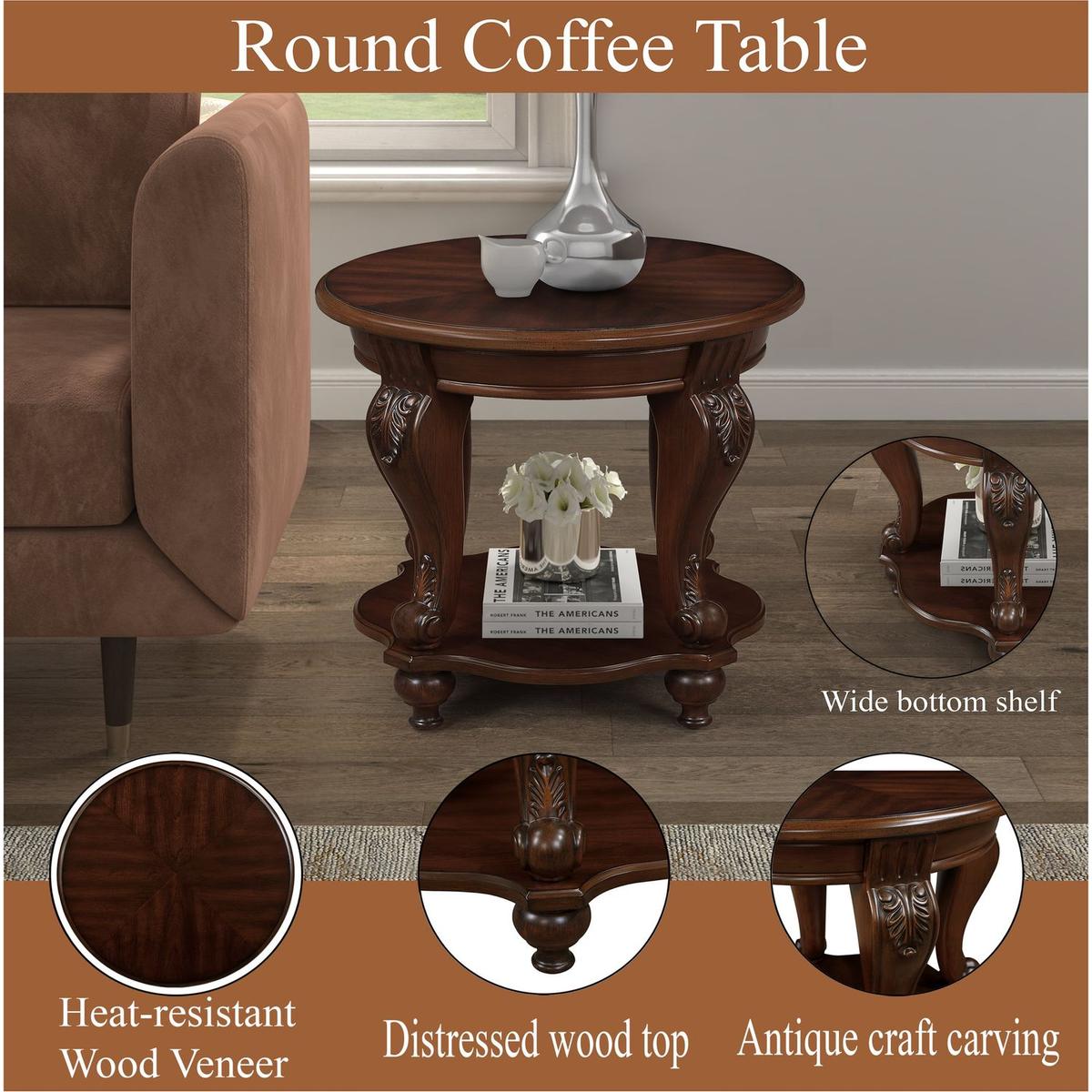 22" Retro Round End Table,Solid Wood Sofa Side Table with Shelf,Living Room Corner Table Easy Assemble,Cherry (color written on box is Light Espresso