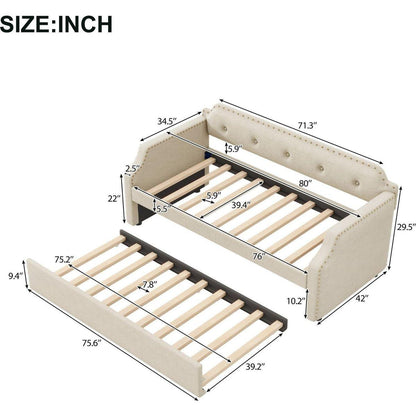 Upholstered Daybed with Trundle, Wood Slat Support,Upholstered Frame Sofa Bed, Twin, Beige
