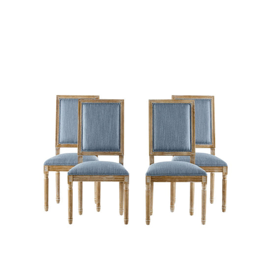 Vintage Inspired French Country Dining Chairs Set of 4 with Cane Backrest & Upholstered Seats, Solid Rubberwood, Slate Blue