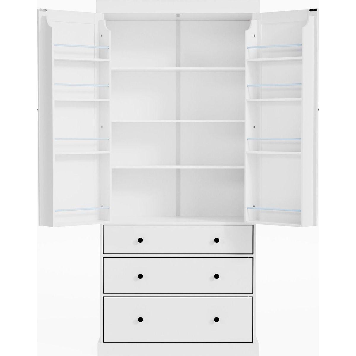 [Assembly Video Provided]77inch Farmhouse Kitchen Pantry, Freestanding Tall Cupboard Storage Cabinet with 3 Adjustable Shelves, 8 Door Shelves, 3 Drawers for Kitchen, Dining Room, White