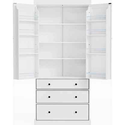 [Assembly Video Provided]77inch Farmhouse Kitchen Pantry, Freestanding Tall Cupboard Storage Cabinet with 3 Adjustable Shelves, 8 Door Shelves, 3 Drawers for Kitchen, Dining Room, White