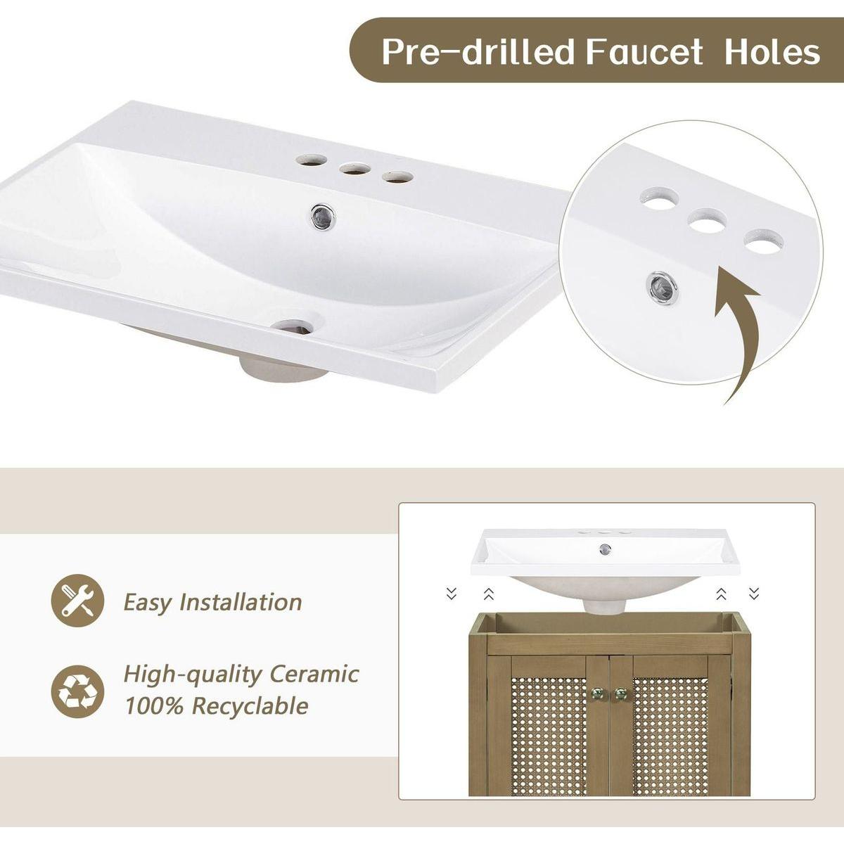 24" Bathroom Vanity with Ceramic Basin, Rattan Bathroom Storage Cabinet with Two Doors and Drawer, Solid Frame, Natural