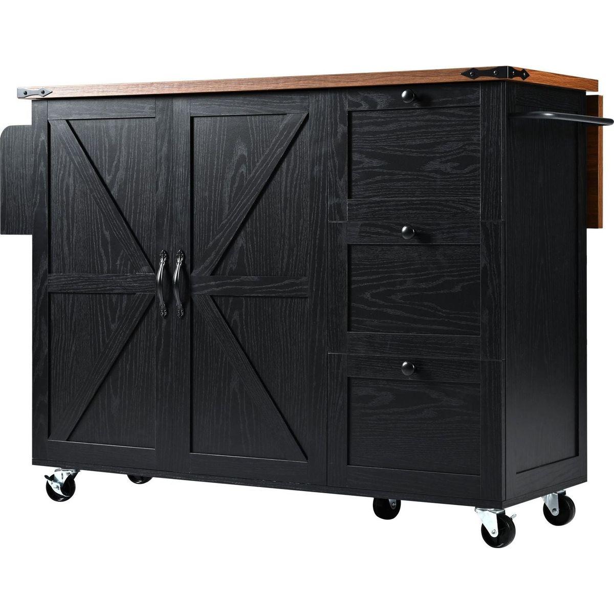54.5" Farmhouse Kitchen Island with Power Outlet, Kitchen Storage Island with Internal Storage Rack, Drop Leaf, Spice Rack, Rolling Kitchen Cart on Wheels, for Home, Kitchen and Dining Room,Black