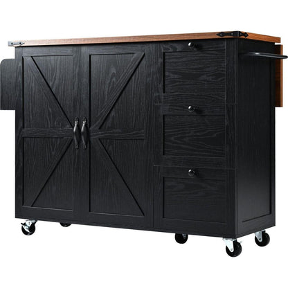54.5" Farmhouse Kitchen Island with Power Outlet, Kitchen Storage Island with Internal Storage Rack, Drop Leaf, Spice Rack, Rolling Kitchen Cart on Wheels, for Home, Kitchen and Dining Room,Black